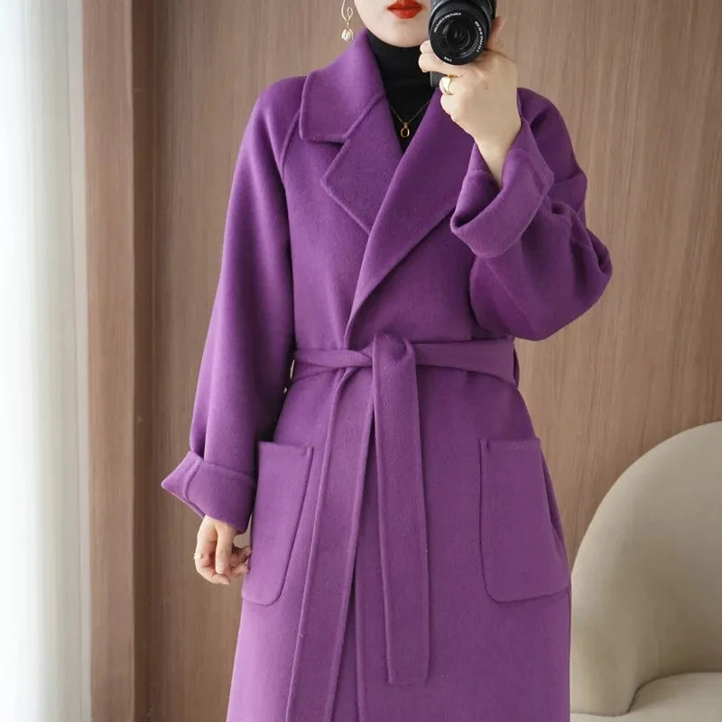 100% Wool Coat Women's Wear 2025 Autumn/Winter Fashion Temperament Double sided Cashmere Coats with Belt Elegant Long Overcoat