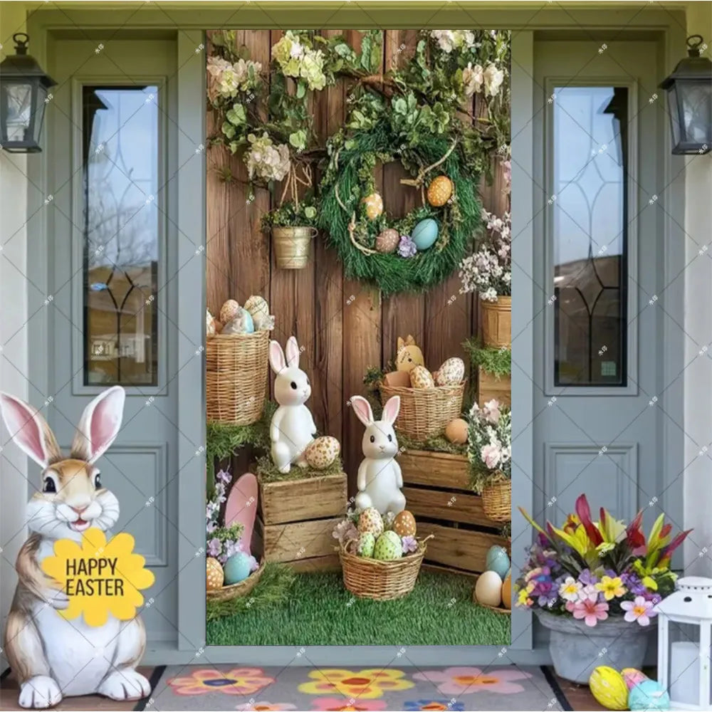 Spring Easter Theme Charming Rabbit On The Toilet Grass Flower Eggs Door Banner Cover Backdrop Easter Festival Party Porch Decor