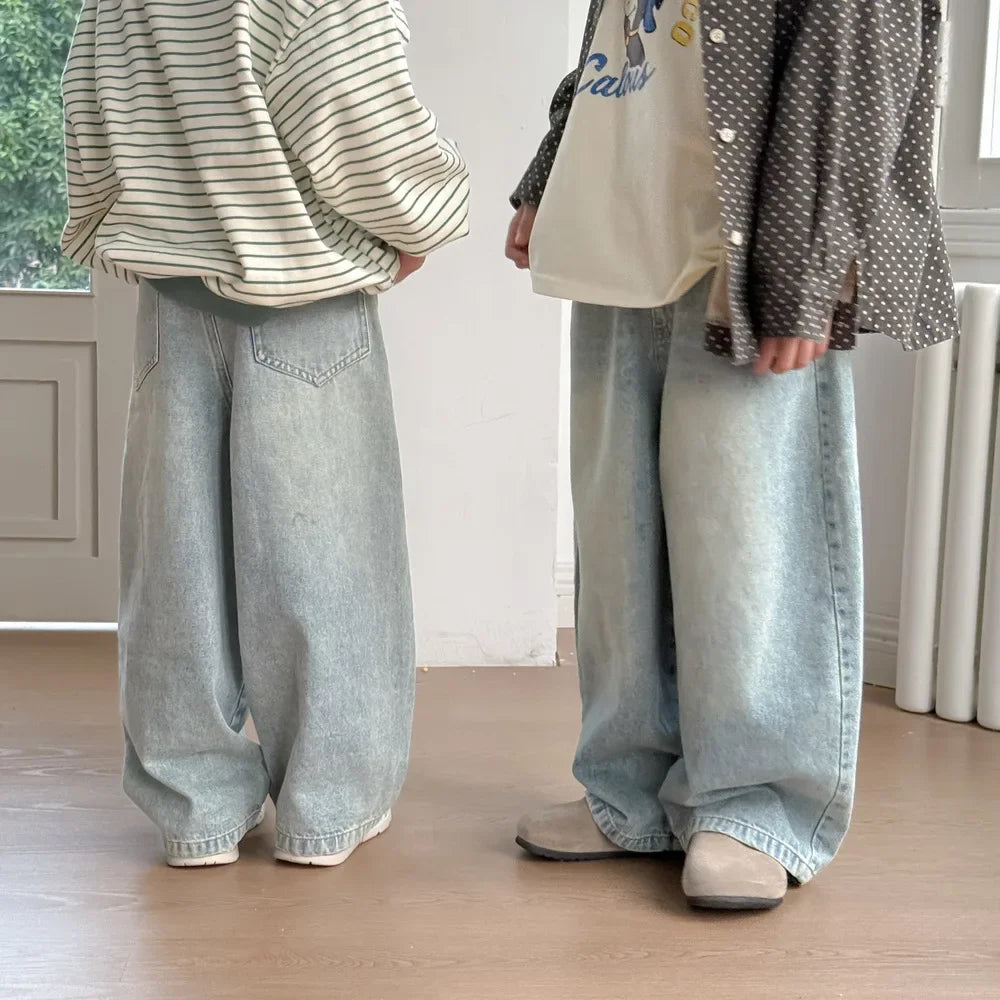 Children Pants 2025 Spring Boys and Girls Korean Solid Casual Denim Straight Leg Pants Children Versatile Loose Wide Leg Pants