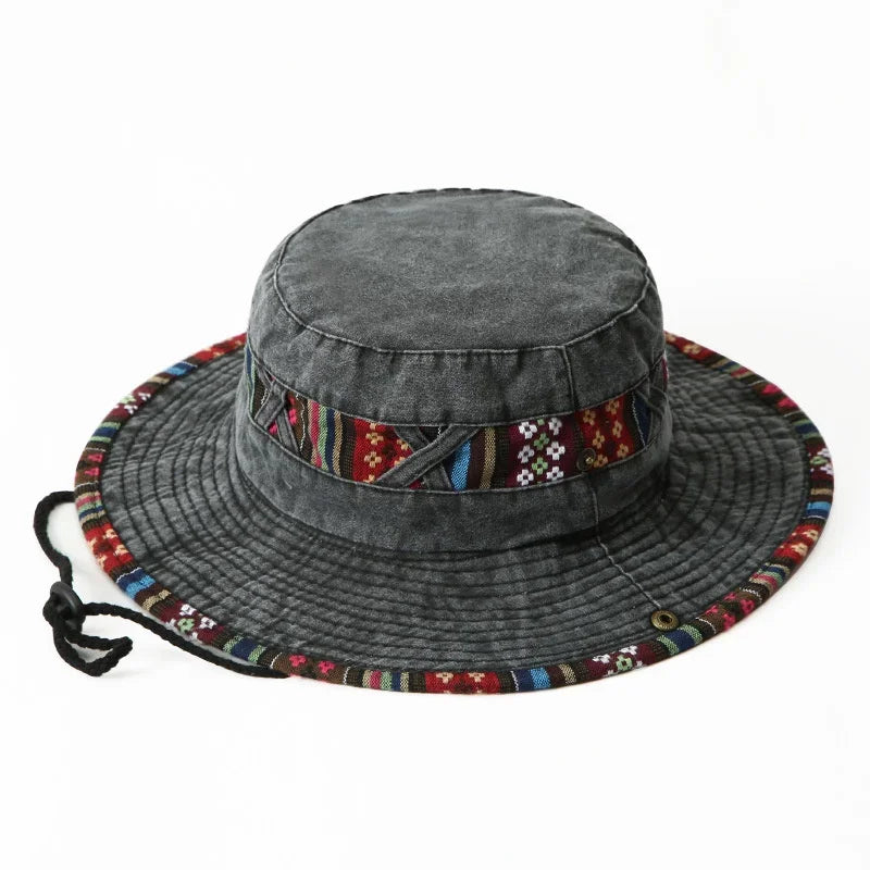 Summer Bucket Hats Retro Printing Cowboy Cap Men Women Outdoor Fishing Hiking Hat Anti UV Sun Caps Cotton Wide Brim Panama Hat