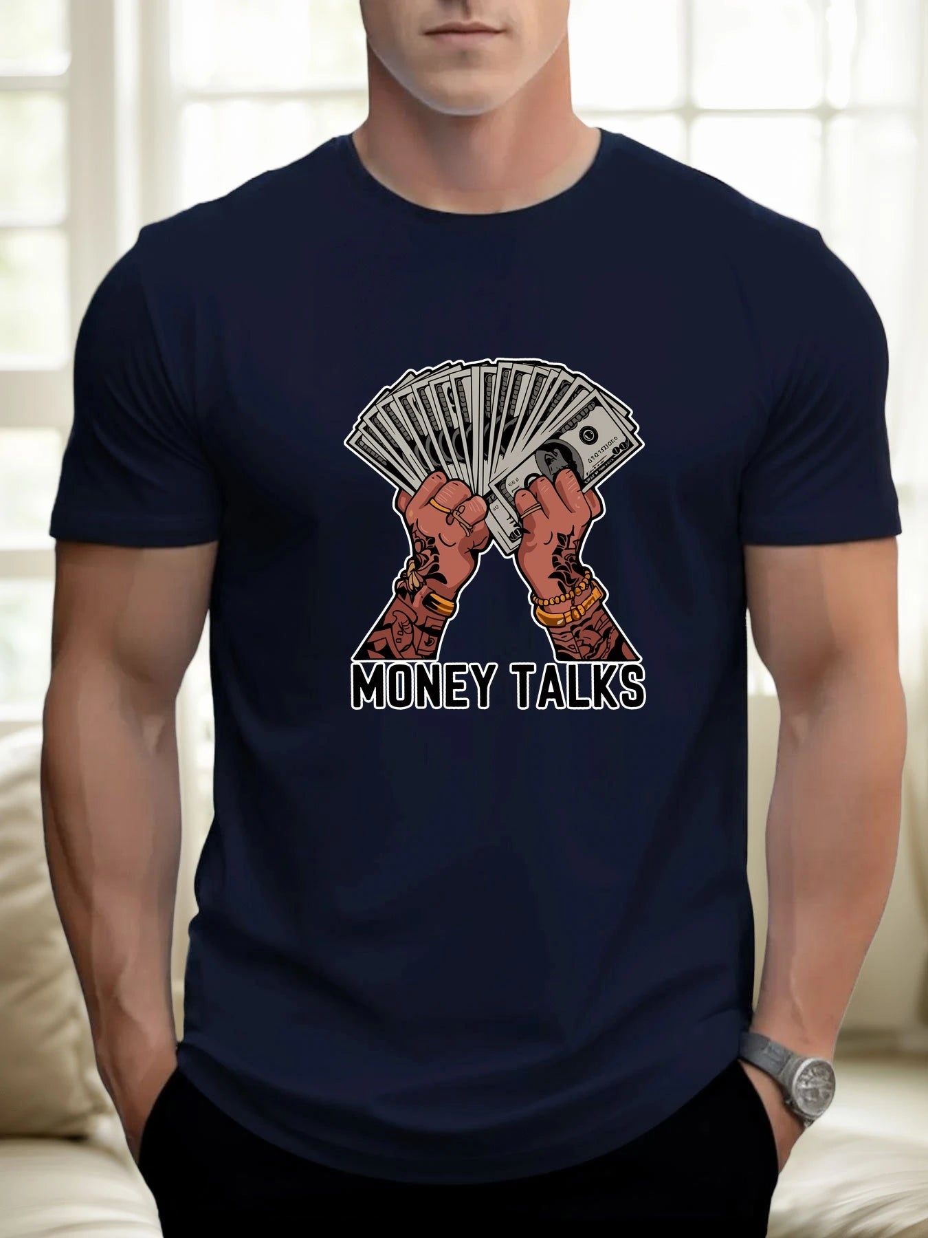 T Shirts For Man MONEY TALKS 100% Cotton Graphic Printing Summer Round Neck T-Shirt Casual Breathable Street Style Daily Top