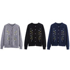 Women's Cardigan Fall 2025 New Solid Color Long Sleeve Embroidered Knitted Cardigan Casual Lazy Fashionable and Versatile