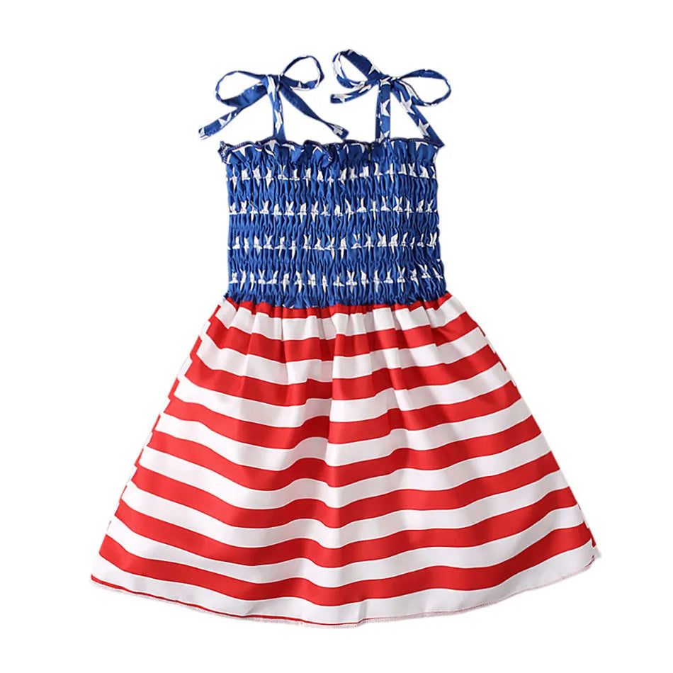 Charming 4th of July Summertime Girls Casual Dresses Sling Patriotic Pattern and Cartoon Printed Playful Butterflies and Stars