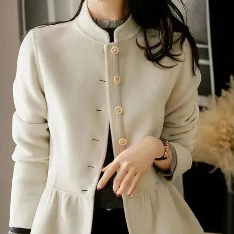Wool Blend Coat for Women Autumn Plain Ruffles New In Trendy on Sale Mixtures Jacket Woman Medium High Quality Luxury Casual Hot