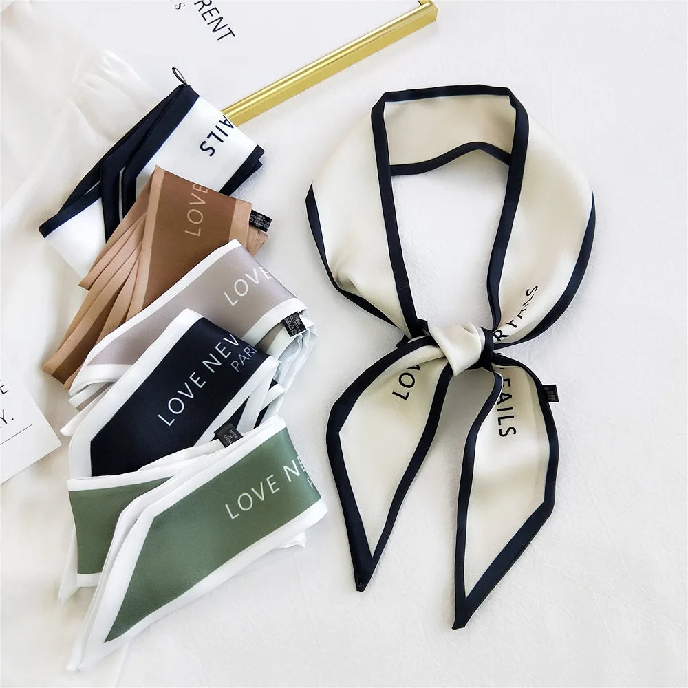 Women Hair Scarf Fashion Narrow Long Scarf Elegant Satin Silk Bow Tie Letter Print Bag Ribbon Headband Scarves Foulard Cheveux