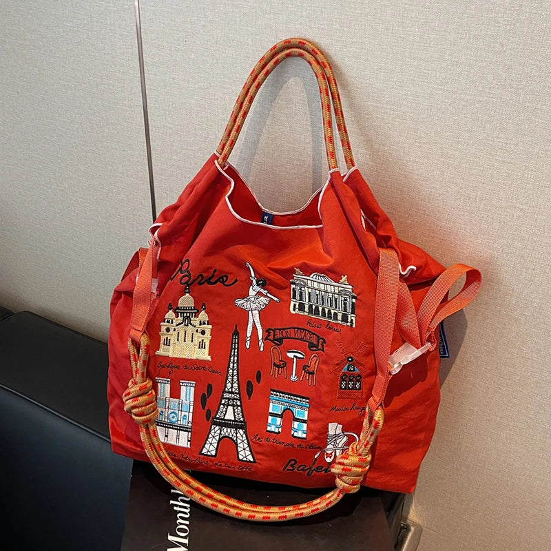 Embroidered handbags with niche designs, lightweight and portable large capacity shopping bags, fashionable retro handbags, and