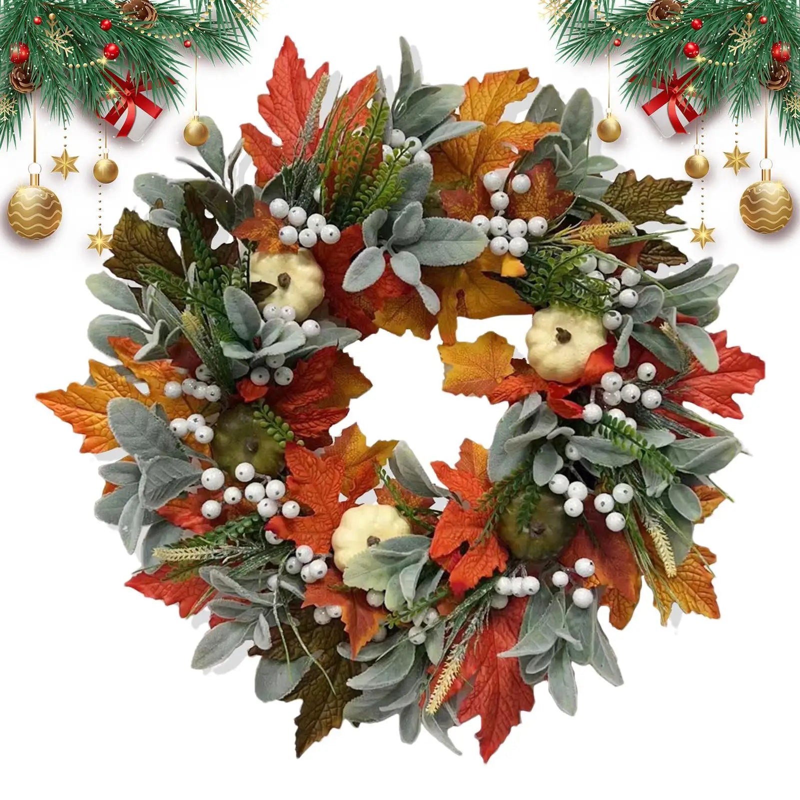 Autumn Wreath 45cm Fall Wreaths Pumpkin Berry Maple Leafs Artificial Wreath Harvest Autumn Front Door Wreath Halloween Decor