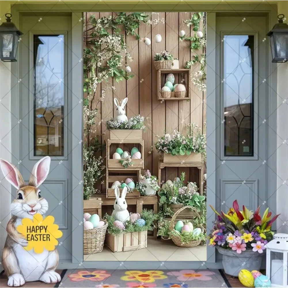 Spring Easter Theme Charming Rabbit On The Toilet Grass Flower Eggs Door Banner Cover Backdrop Easter Festival Party Porch Decor