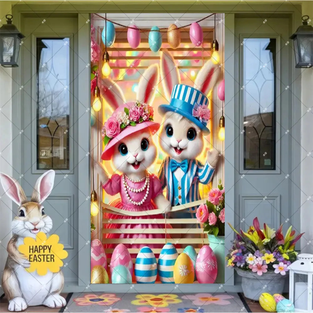 Spring Easter Theme Charming Rabbit On The Toilet Grass Flower Eggs Door Banner Cover Backdrop Easter Festival Party Porch Decor