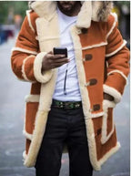 Overcoat Men Winter New Loose Long Cotton-padded Jacket Brown Fur Integrated Lamb Wool Hooded Coats Male