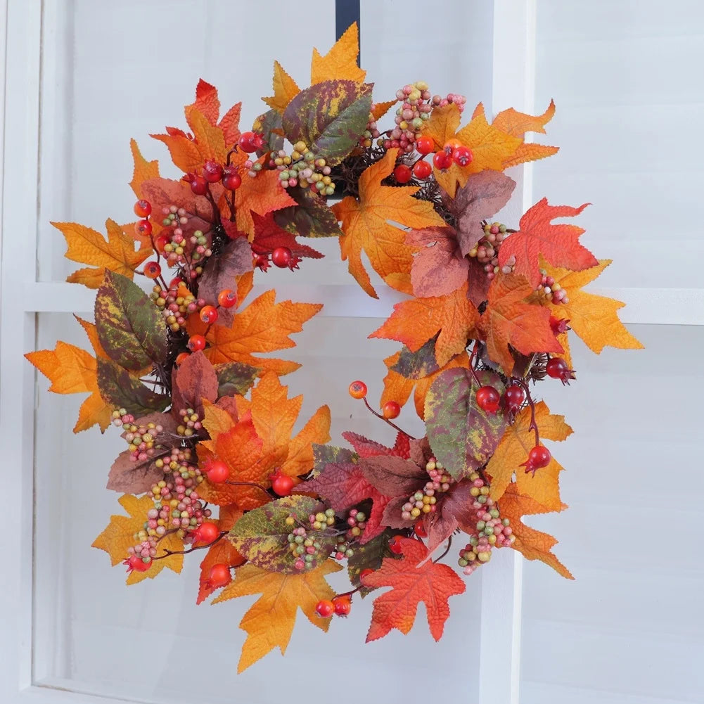 50cm Fall Wreath with Autumn Leaves and Berries for Front Door Decoration for Thanksgiving and Seasonal Display