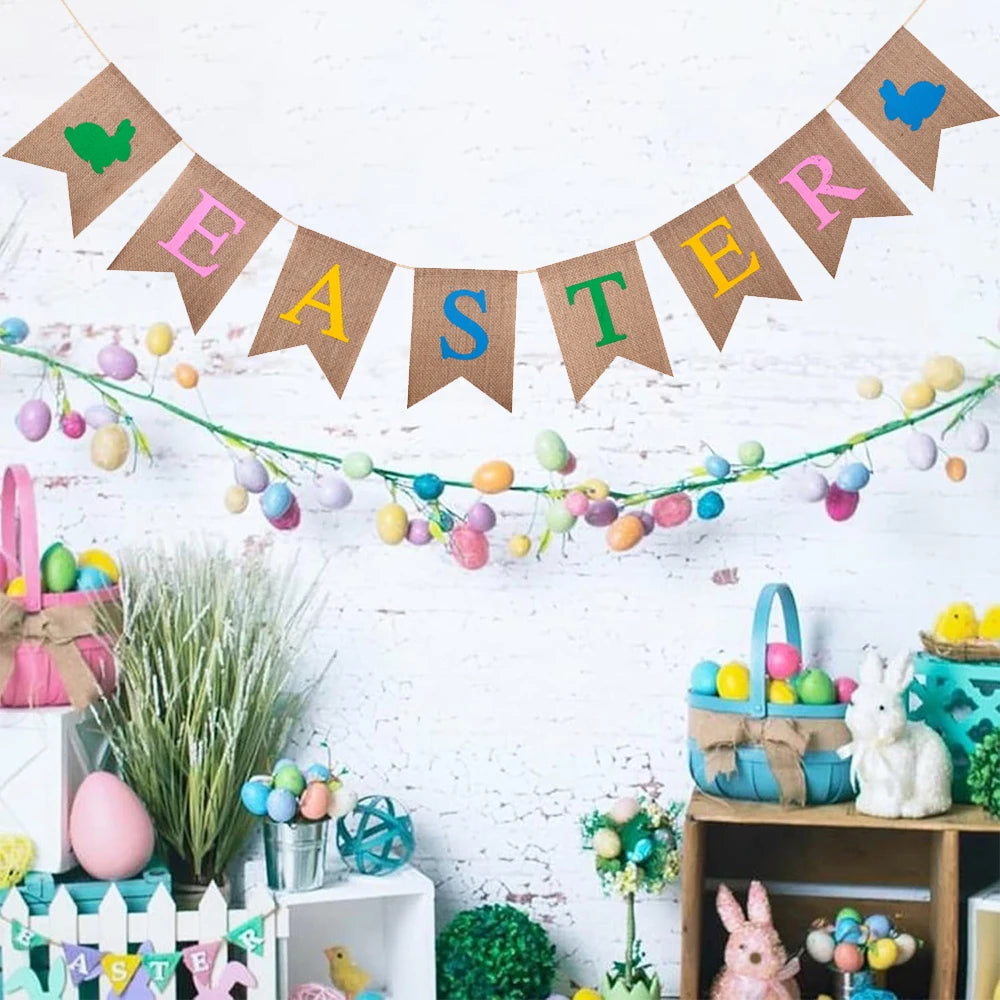 Easter Decoration Burlap Banner Cute Rabbit Carrot Hanging Garland for Easter Party Holiday Home Decoration Wall Decors Supplies