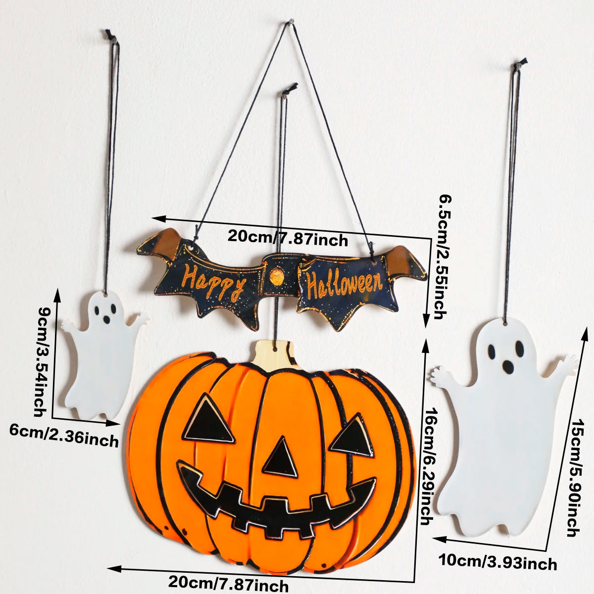 Wooden Halloween Hanging Decor, "Happy Halloween"Banner with Pumpkin Lantern & Ghost Ornaments, Spooky Wall Decor for Home Party