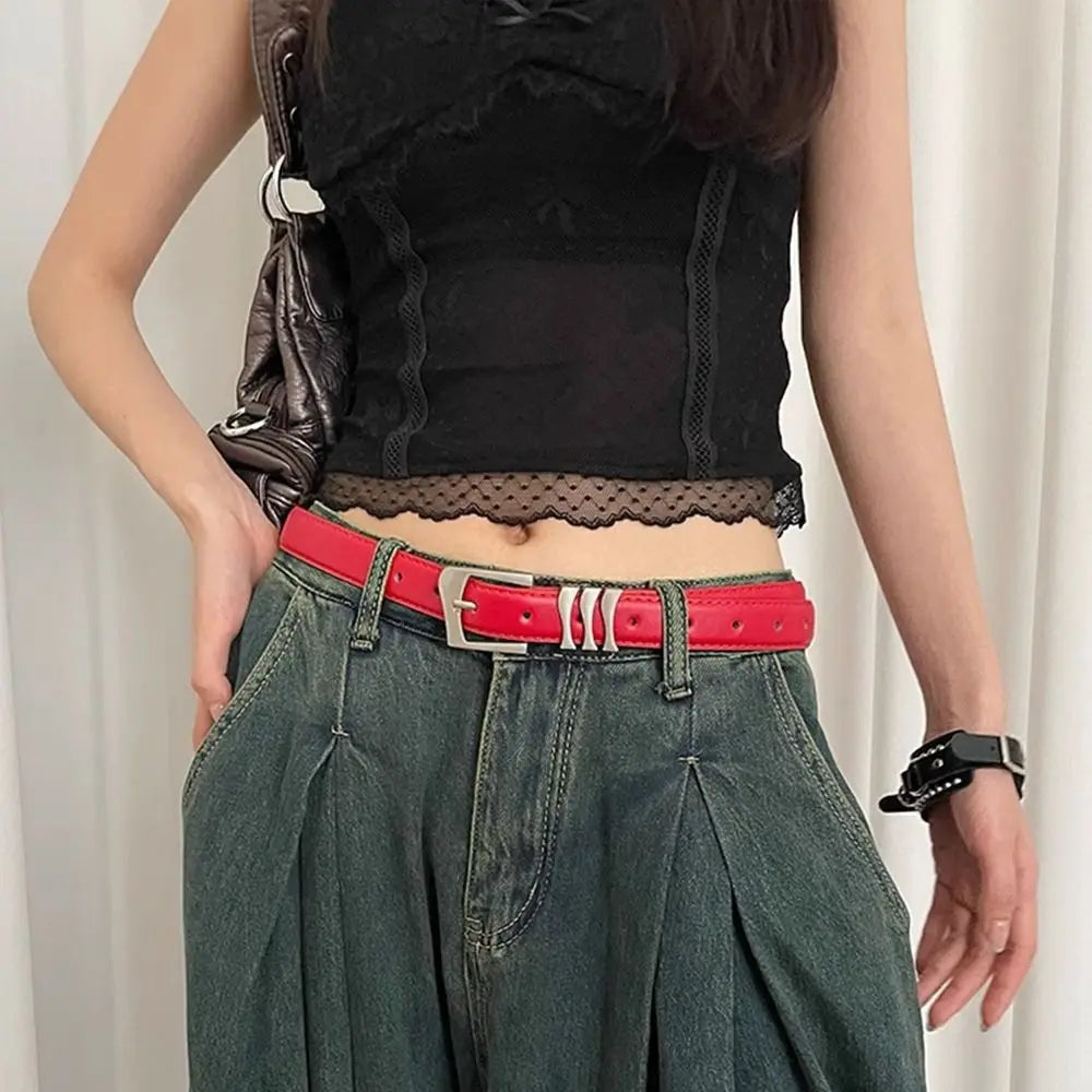 Ins Designer Women's Belt Luxury PU Leather Metal Buckle Waist Belt Casual Red Black White Dress Jeans Belt Female