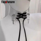 Women Y2K Girl wing punk Harajuku Gothic Lolita lace up cross short necklace Halloween cosplay props subculture Chokers Choker