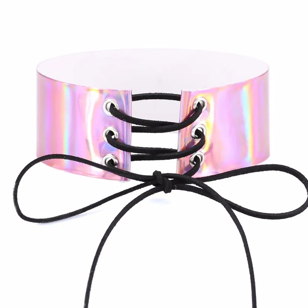 Lace up chokers necklaces for women Holographic choker gothic Wide Chocker Corset PU Leather neck jewelry