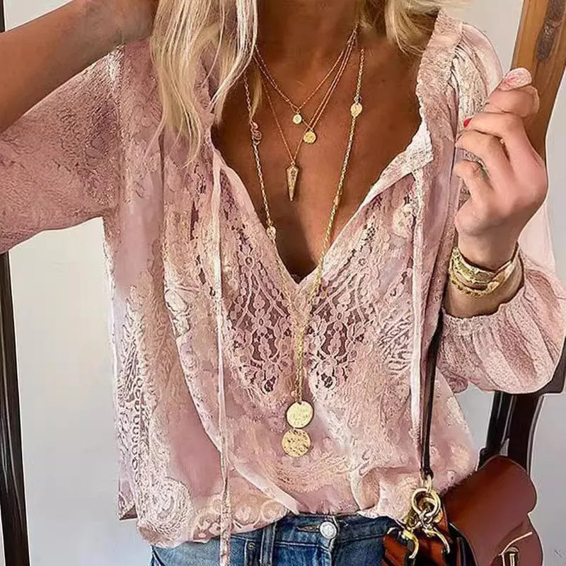 Women's Blouses Spring Summer Fashion Boho Lace Hollow Out Deep V Neck Pullover Shirt Women Elegant Casual Blouse Female Tops