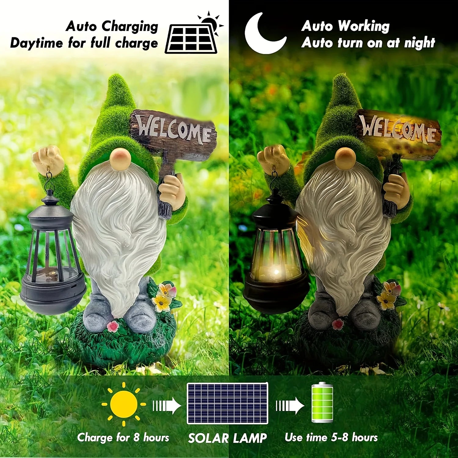 Garden Gnome Statue Outdoor Decor Large Flocked Resin Gnome Figurine with Solar Light Holding Lantern Welcome Sign