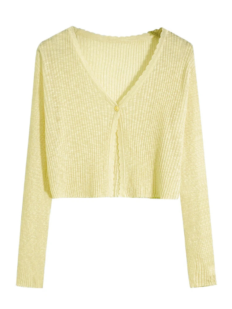 Women Cardigans Long Sleeve Knitted Outerwear Solid Thin Spring Short Sweaters V-neck Knitwears Korean Fashion Cardigans 2025