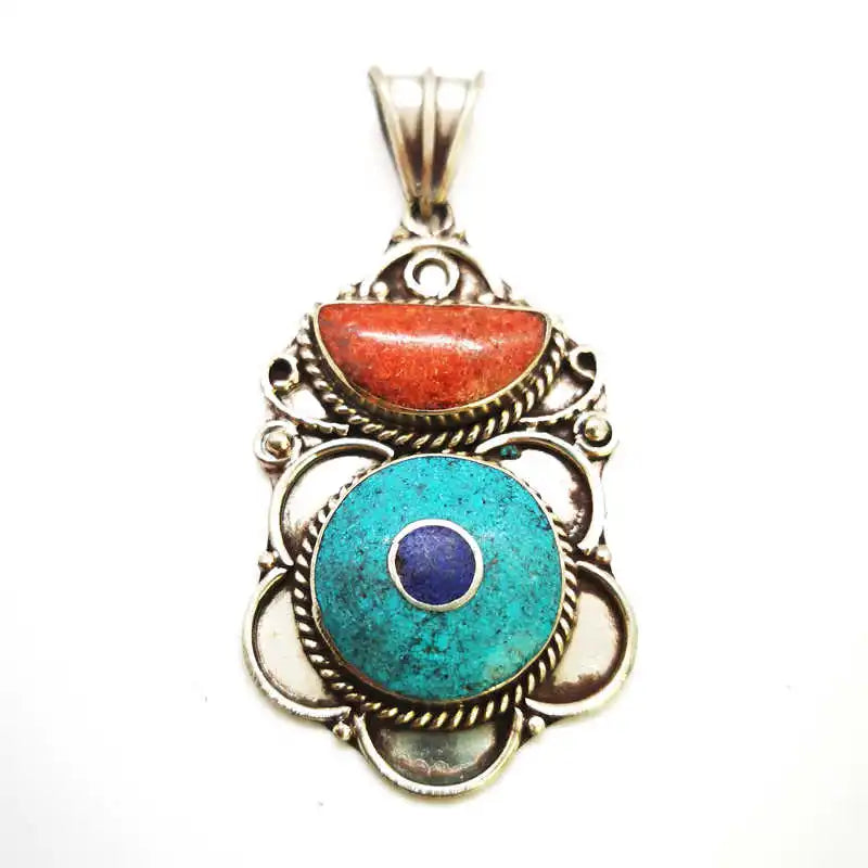 Handmade Vintage Flower Pendants Copper Inlaid Colorful Stone Tibetan Jewelry TBP608