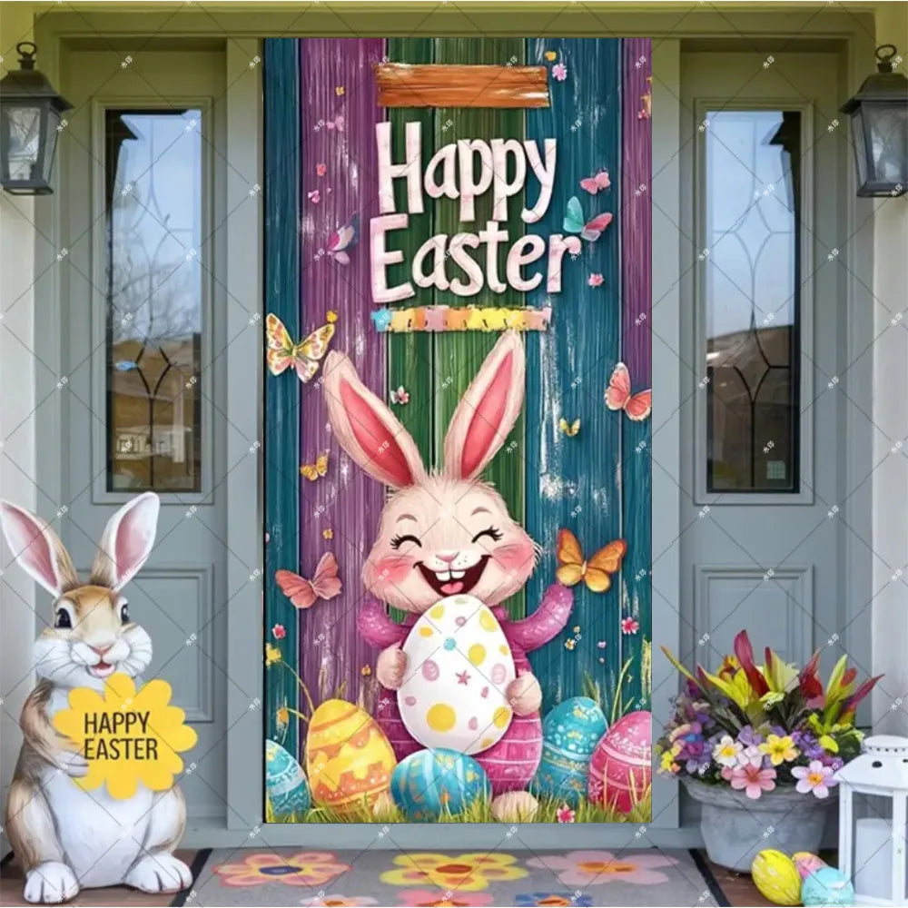 Spring Easter Theme Charming Rabbit On The Toilet Grass Flower Eggs Door Banner Cover Backdrop Easter Festival Party Porch Decor