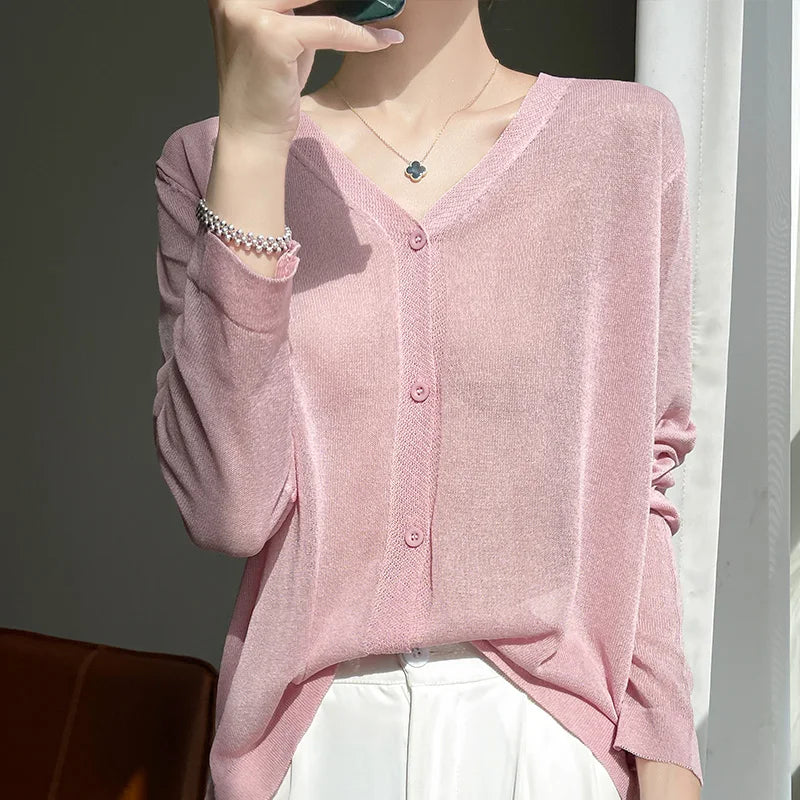 Women's Cardigans 2025 Thin Summer Single Breasted V-neck Loose Knitted Sweater Fashion Solid Tops Ice Silk Outerwears Jumpers