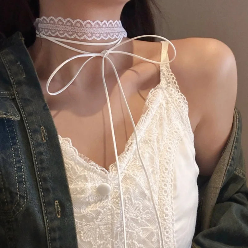 White Lace Necklace Verstile Long Ribbon Layered Clavicle Chain Choker for Girls Daily Wear Neck Decoration Jewelry