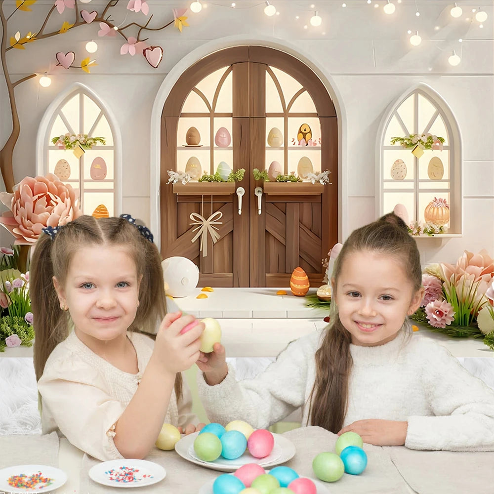 Easter Photography Background Party Decoration Spring Flowers Green Grass Wooden Door Rabbit Bunny Eggs Baby Portrait Photo Prop