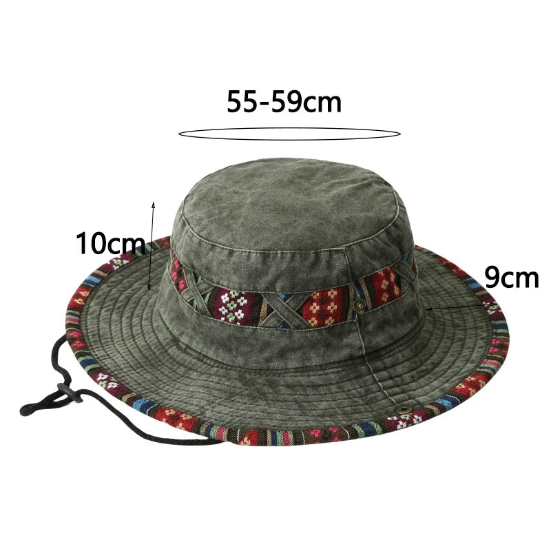 Summer Bucket Hats Retro Printing Cowboy Cap Men Women Outdoor Fishing Hiking Hat Anti UV Sun Caps Cotton Wide Brim Panama Hat