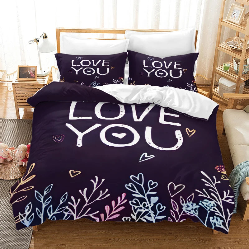 Valentine's Day I Love  style Digital Printed Duvet Set - Polyester - Bedroom Decor -1 bed cover +2 pillowcases (no pillow core)