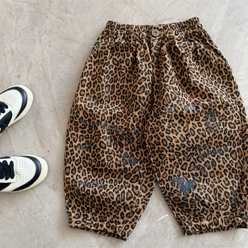 Children's pants 2025 squinting eyes spring boys and girls leopard print casual pants baby Korean wide leg small leg pants