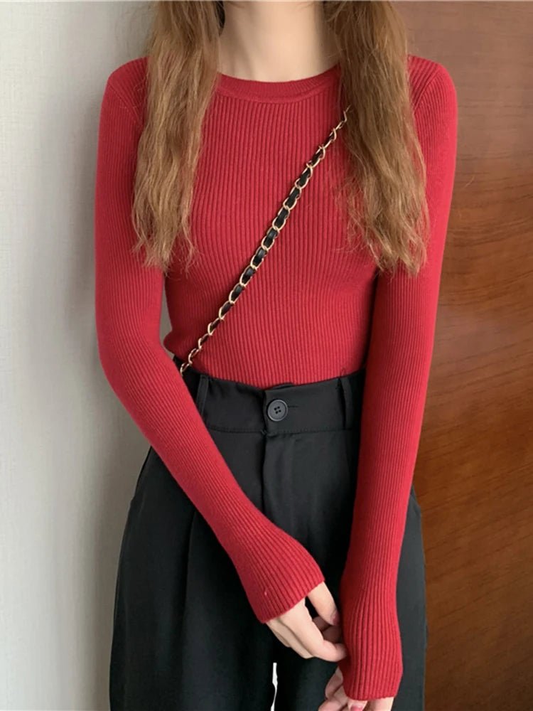 2025 New Women Sweater Autumn Winter Long Sleeve Pullover Basic Top Fashion O-neck Elastic Female Winter Solid Knitted Jumper
