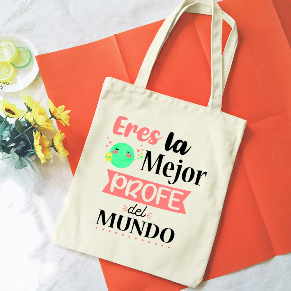 Spanish Printed Women Shopping Totes Bags White Teacher Life Bags Eco Reusable Fashion Canvas Shoulder Book Bag Gift for Teacher