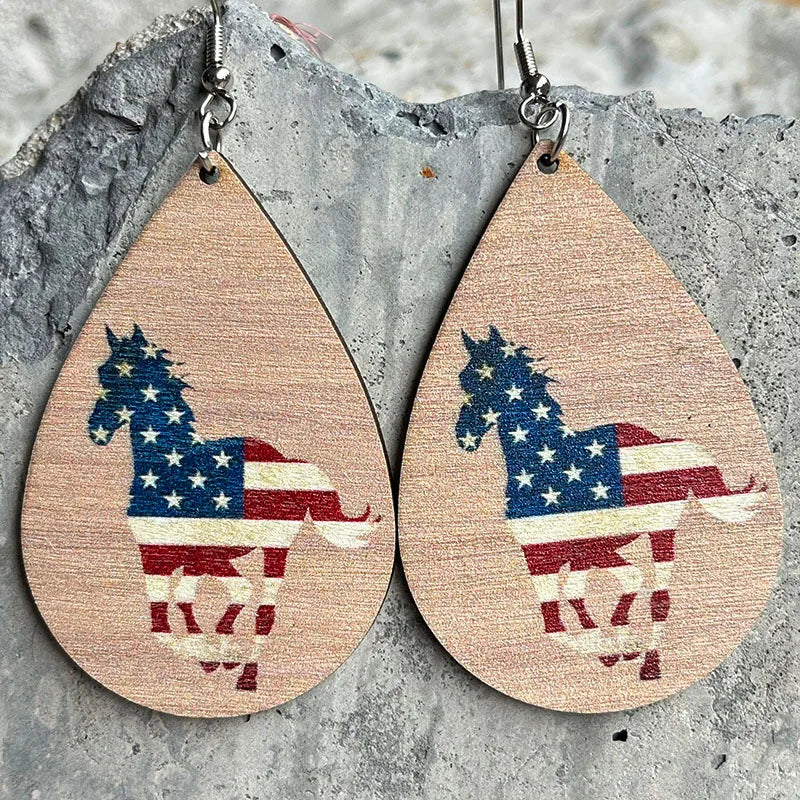 New American Independence Day Earrings July 4th Festival Decoration Western Cowboy Sun Flower Boots Cowhead Hat Wooden Ear Rings