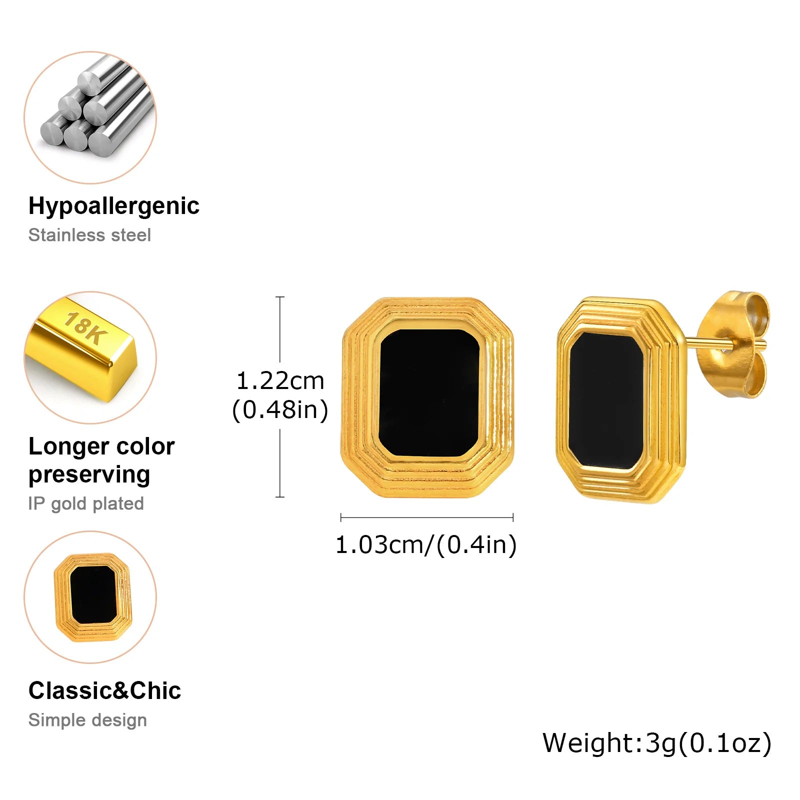 Rectangular Stud Earrings for Women, 18K Gold Plated Statement Earring, Stainless Steel Black Nature Stone Ear Jewelry