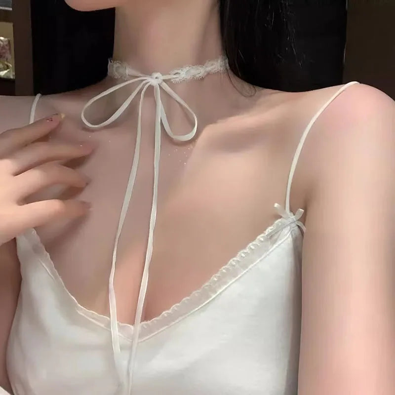 White Lace Necklace Verstile Long Ribbon Layered Clavicle Chain Choker for Girls Daily Wear Neck Decoration Jewelry