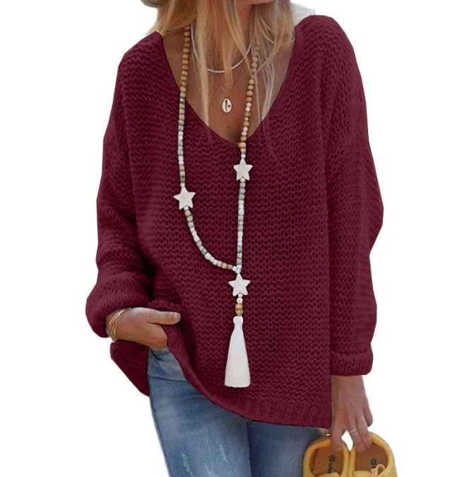 Women's Winter Sweaters Commuting 2024 Winter Solid Color Knitted Sweater V-Neck Long Sleeved Top Loose Fit Pullover Sweater