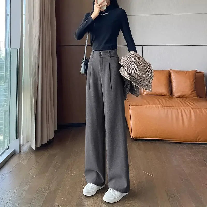 Female Trousers Office Autumn Winter Work Tailoring Women's Dress Pants Tweed Wide Leg High Waist Aesthetic Trends 2025 Harajuku