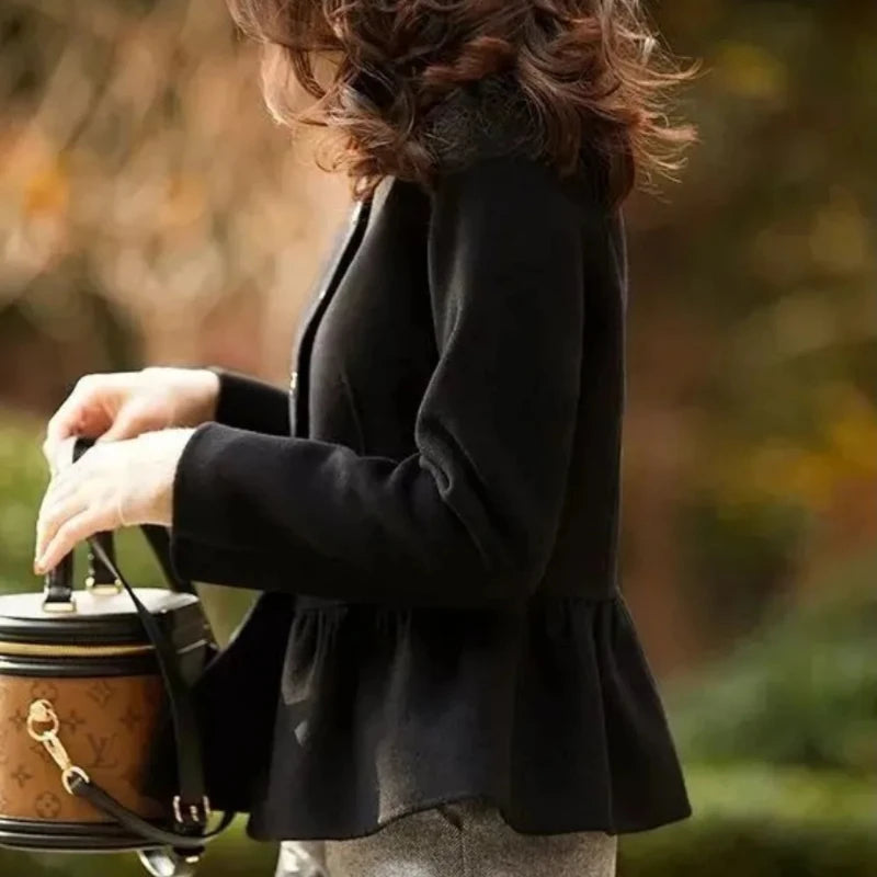 Wool Blend Coat for Women Autumn Plain Ruffles New In Trendy on Sale Mixtures Jacket Woman Medium High Quality Luxury Casual Hot