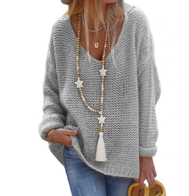 Women's Winter Sweaters Commuting 2024 Winter Solid Color Knitted Sweater V-Neck Long Sleeved Top Loose Fit Pullover Sweater