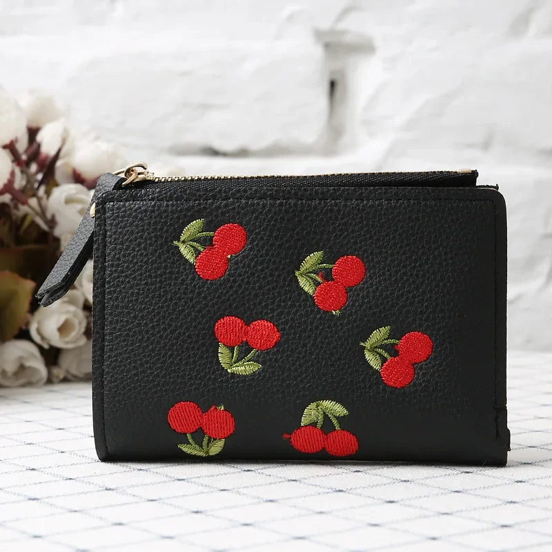 Women's Clutch Wallet with Cherry Floral Embroidery, Vertical Style Buckle Design Trendy Versatile Pu Material Waterproof Light