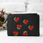 Women's Clutch Wallet with Cherry Floral Embroidery, Vertical Style Buckle Design Trendy Versatile Pu Material Waterproof Light