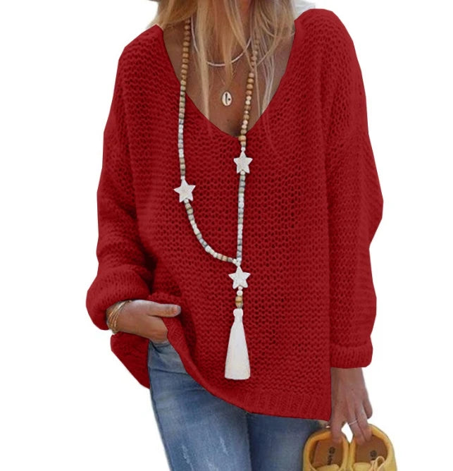 Women's Winter Sweaters Commuting 2024 Winter Solid Color Knitted Sweater V-Neck Long Sleeved Top Loose Fit Pullover Sweater