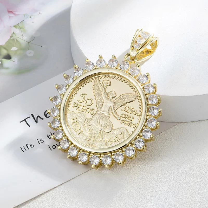 Pendants Catholic  virgin guadalupe  14K Gold Plated  50 Peso CZ  Medal Style  pendant for men  accessories Religious Pendants
