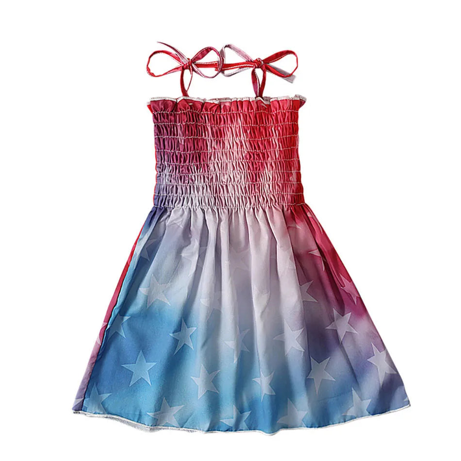 Charming 4th of July Summertime Girls Casual Dresses Sling Patriotic Pattern and Cartoon Printed Playful Butterflies and Stars