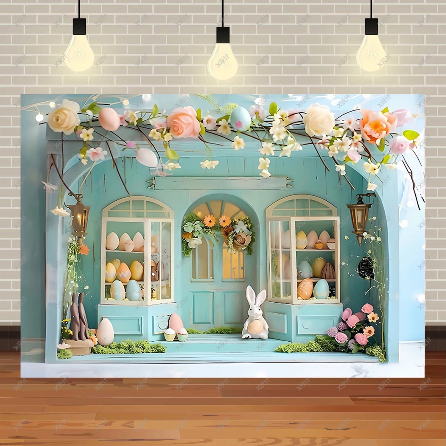 Easter Photography Background Party Decoration Spring Flowers Green Grass Wooden Door Rabbit Bunny Eggs Baby Portrait Photo Prop