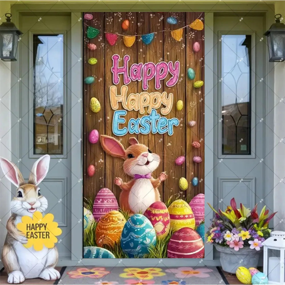 Spring Easter Theme Charming Rabbit On The Toilet Grass Flower Eggs Door Banner Cover Backdrop Easter Festival Party Porch Decor