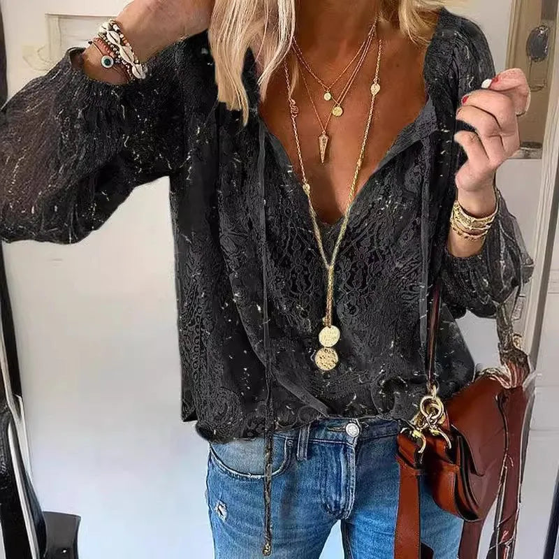 Women's Blouses Spring Summer Fashion Boho Lace Hollow Out Deep V Neck Pullover Shirt Women Elegant Casual Blouse Female Tops