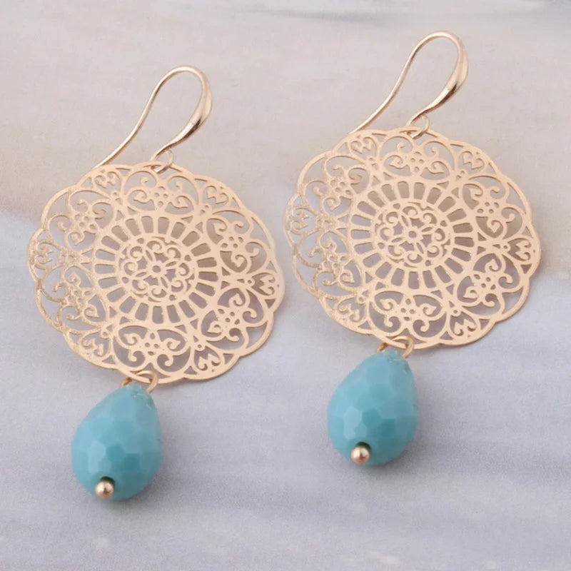 Drop Earrings Dangle Bohemian Metal Carving Hollow Pattern Crystal Water Charm 2023 New Hot Fashion Jewelry Accessories Brand Ms