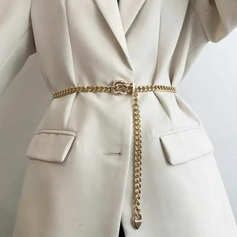 Chain Belt Women's Fashion Narrow Metal Belts Trim with Skirt Blouse Thin Waist Chain Gold Silver